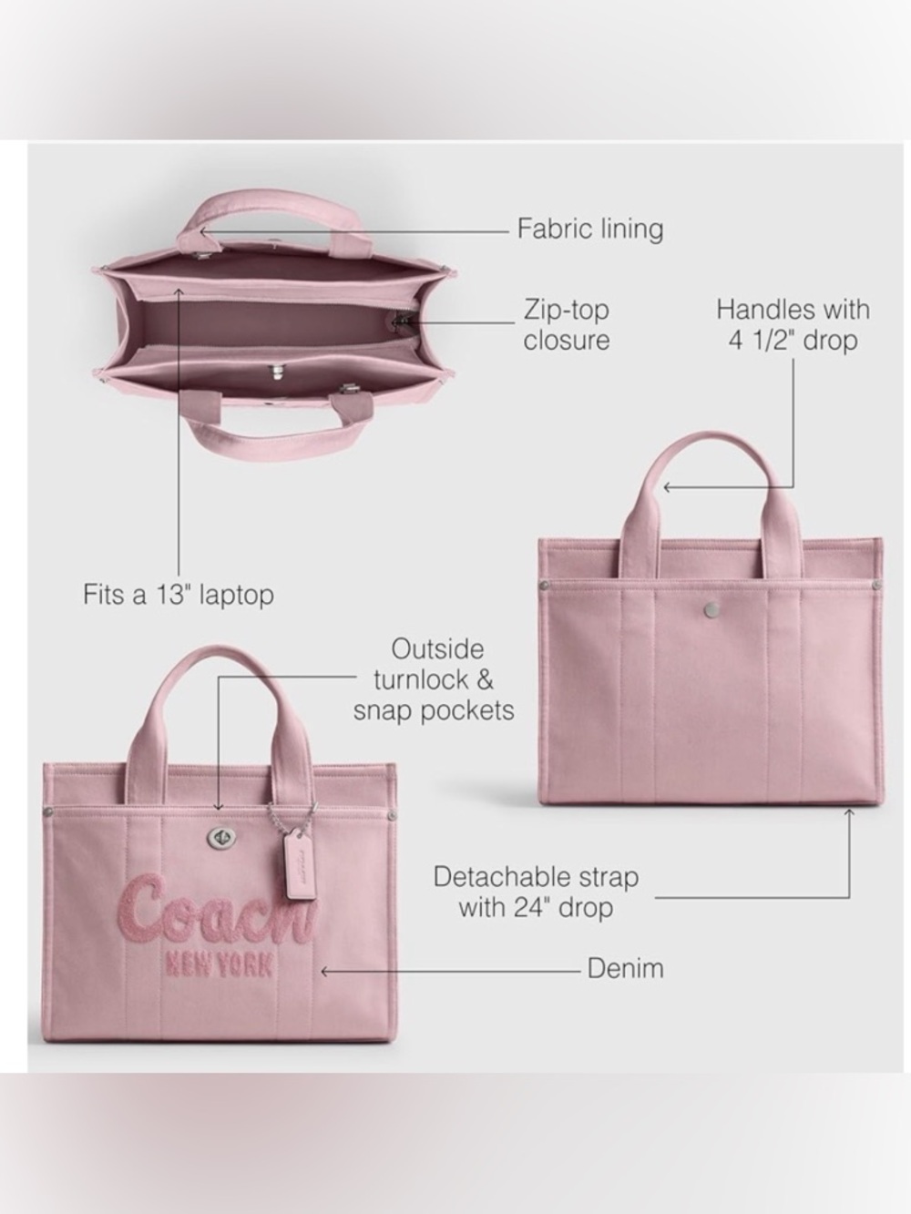 COACH Denim Medium Cargo Tote Bag, BALLERINA PINK - Picture 13 of 13